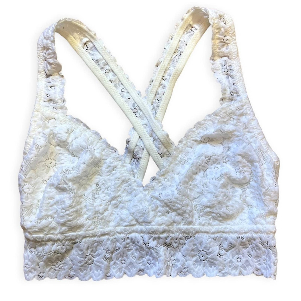 🌸 NWOT Women's White Floral Lace Cross-Back V-Cut Bralette SDD